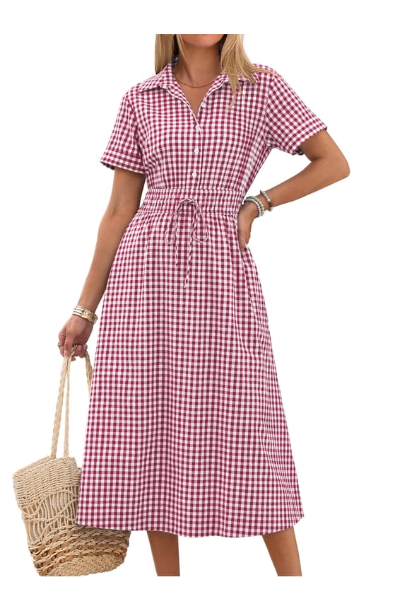 Womens Gingham Shirt Dress Short Sleeve Summer Casual Midi Dress Button Front Collared Drawstring Waist Flowy A Line Vacation Dress