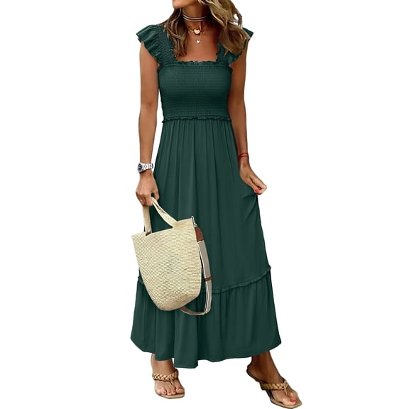 ANRABESS Smocked Maxi Dress for Women Square Neck Ruffle Strap A Line Sundress, Flowy Boho Beach Vacation Dress Deep Green Medium
