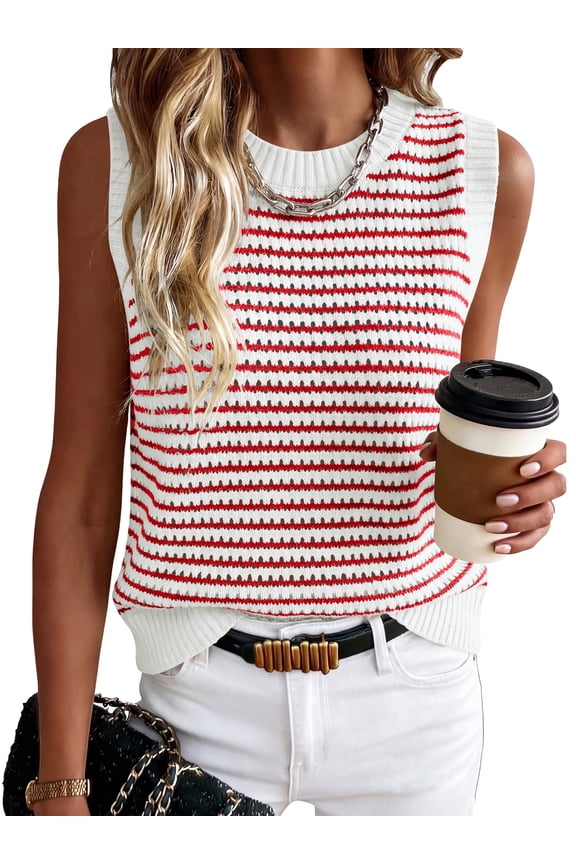Sweater Vest for Women Striped Sleeveless Knit Tank Top, Lightweight Crewneck Casual Summer Pullover Shirt