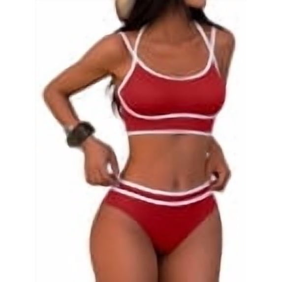 ANRABESS Womens Swimsuits Two Piece Bikini Set High Waisted Halter Color Block Bathing Suits Summer Sporty Cheeky Swimwear Red XL