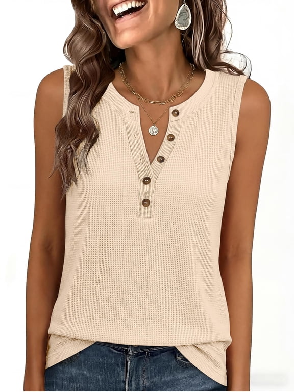 Womens Tank Top Waffle Knit Sleeveless Henley Shirts 2026 Summer Loose Button Up V Neck Dressy Casual Tops Clothes Beige X-Large