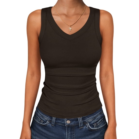 ANRABESS Womens Tank Tops 2026 Ribbed V Neck Summer Tops Basic Slim Fitted Sleeveless T Shirts Soft Knit Cami Tee Casual Layering Shirts Deep Brown XL