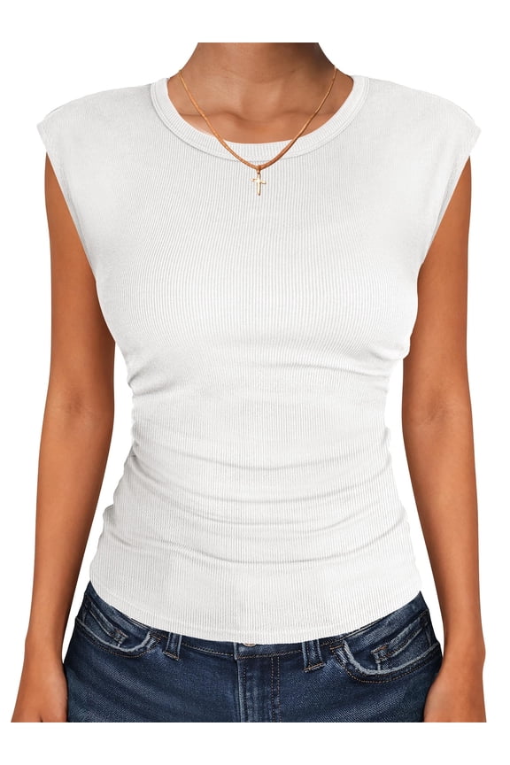 Womens Tops Cap Sleeve Crewneck Shirts Casual Ribbed Knit Slim Fit Ruched Summer Basic Tee Tank 2026 Trendy Clothes White Large