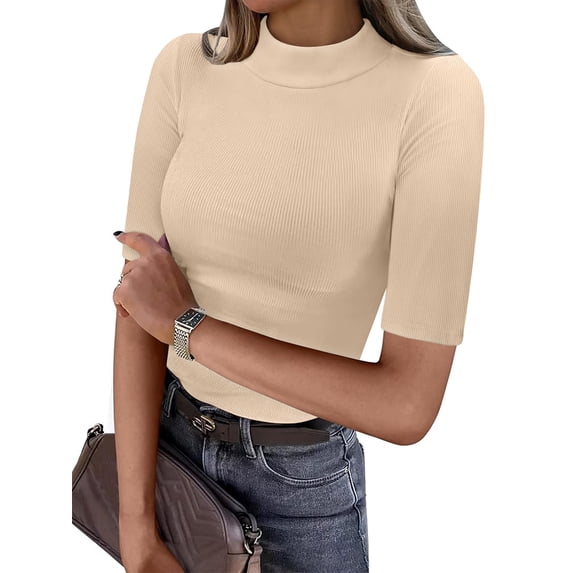ANRABESS Mock Neck Tops for Women Ribbed Knit Half Sleeve Fitted Tee, Soft Stretch Dressy Casual Shirt