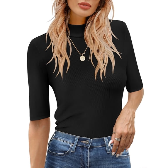 ANRABESS Mock Neck Tops for Women Ribbed Knit Half Sleeve Fitted Tee, Soft Stretch Dressy Casual Shirt