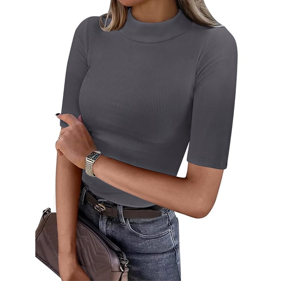 ANRABESS Mock Neck Tops for Women Ribbed Knit Half Sleeve Fitted Tee, Soft Stretch Dressy Casual Shirt