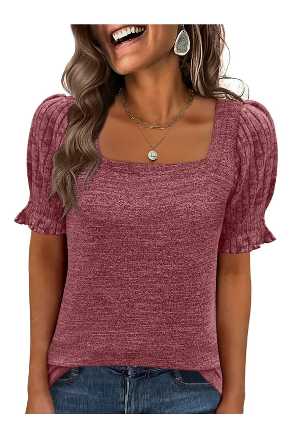 Womens Tops Summer Sweaters Dressy Casual Work Blouses Square Neck Ruffle Short Sleeve Tee Shirts 2026 Fashion Tunic Rust Medium