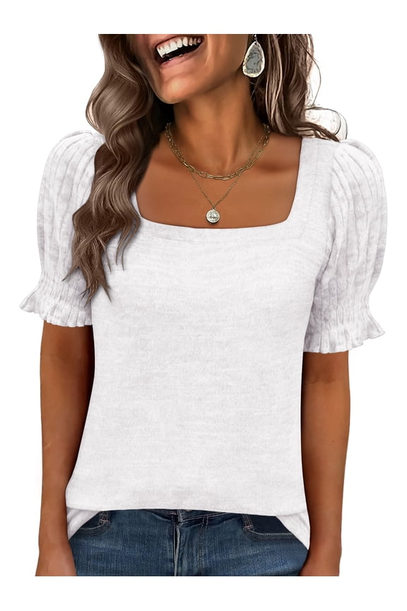 Womens Tops Summer Sweaters Dressy Casual Work Blouses Square Neck Ruffle Short Sleeve Tee Shirts 2026 Fashion Tunic White Medium