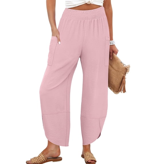 ANRABESS Wide Leg Capri Pants for Women Smocked High Waist Cropped Lounge Pants with Deep Pockets, Crisscross Hem Beach Vacation Trousers Size M