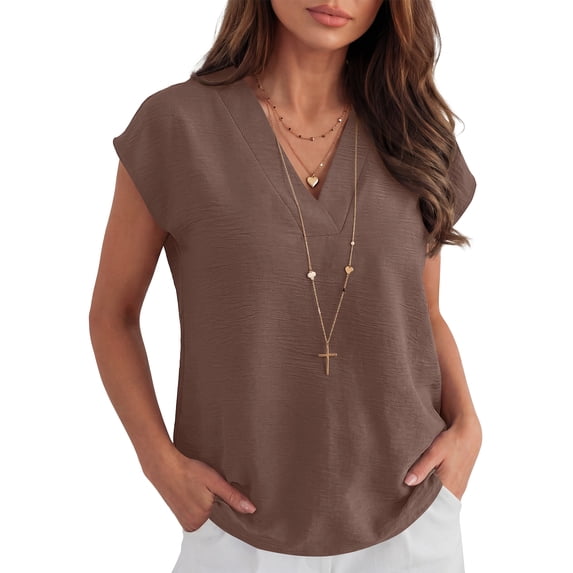 ANRABESS Women Tops V Neck T Shirts Cap Sleeve Business Casual Tops for Women Summer Loose Fit Dressy Work Office Blouses Cute Clothes Trendy Outfits Coffee L