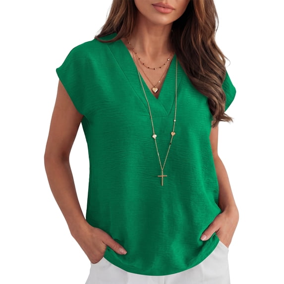 ANRABESS Women Tops V Neck T Shirts Cap Sleeve Business Casual Tops for Women Summer Loose Fit Dressy Work Office Blouses Cute Clothes Trendy Outfits Green XL