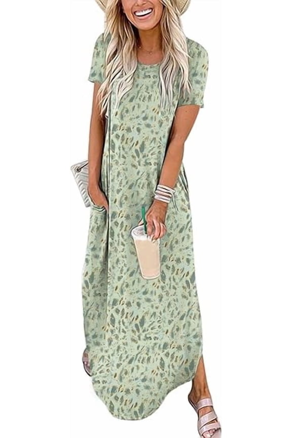 Womens Summer Dress Short Sleeve Maxi T Shirt Dress Loose Casual Beach Sundress with Pockets Side Slit