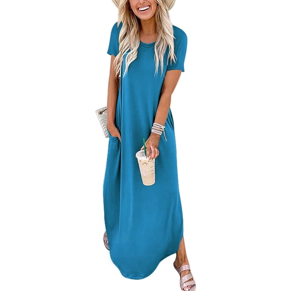 ANRABESS Womens Summer Dress Short Sleeve Maxi T Shirt Dress Loose Casual Beach Sundress with Pockets Side Slit