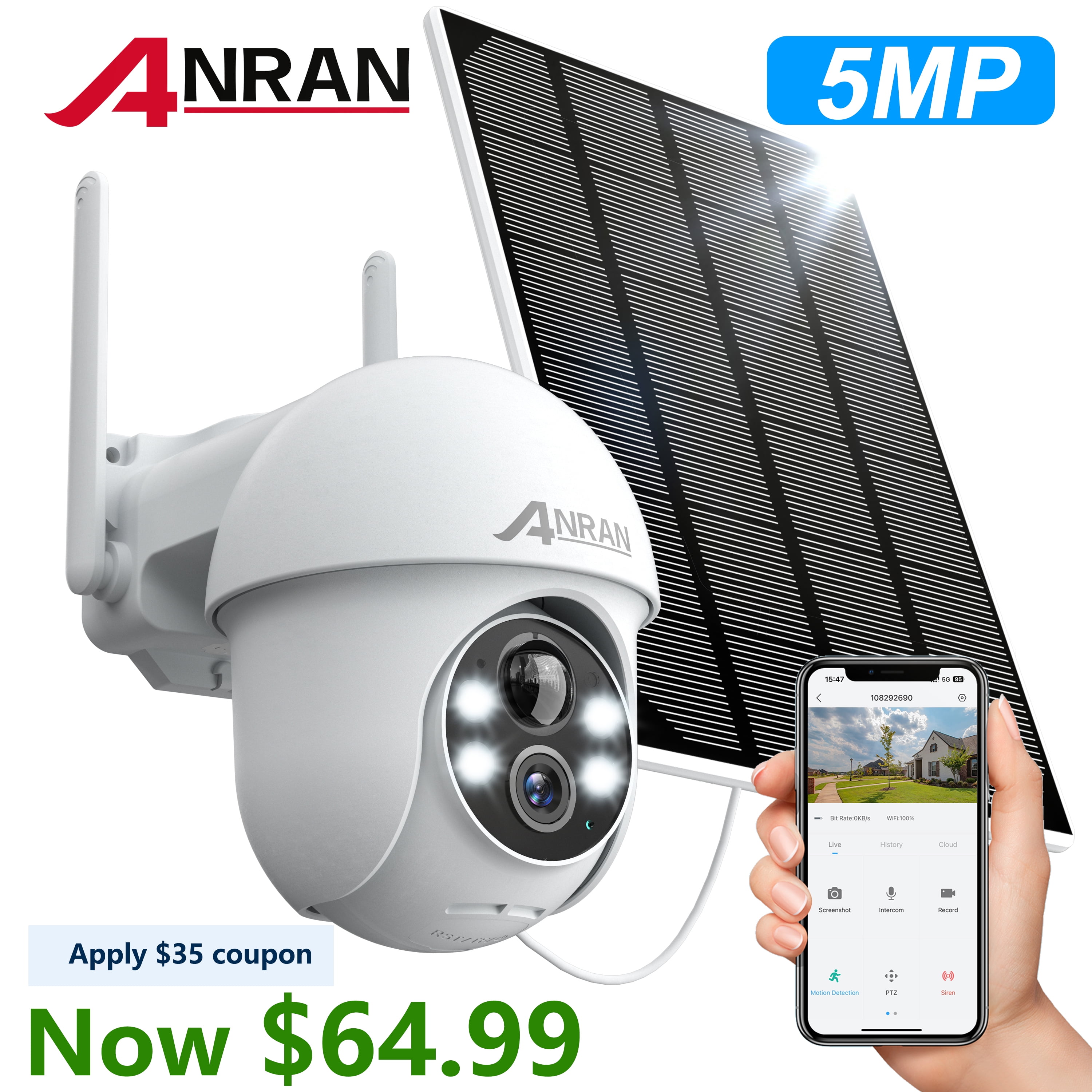 ANRAN 5MP Solar Security Camera, Outdoor, WiFi, 360° View