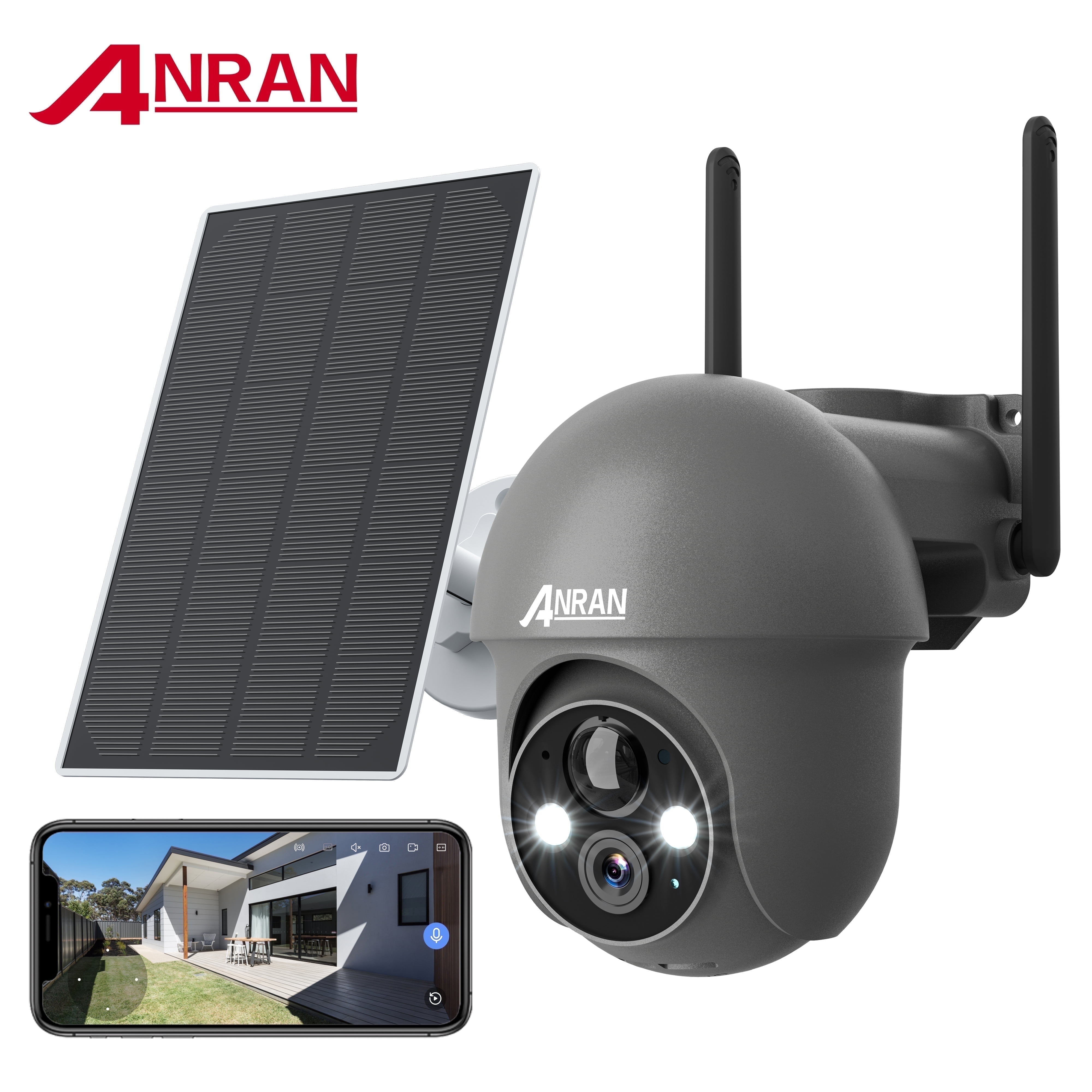ANRAN Wireless Solar Security Camera Outdoor with 360 View, 2K Outdoor Security Camera with Smart Siren, Spotlights, Color Night Vision, PIR Human Detection, Pan Tilt Control, 2-Way Talk
