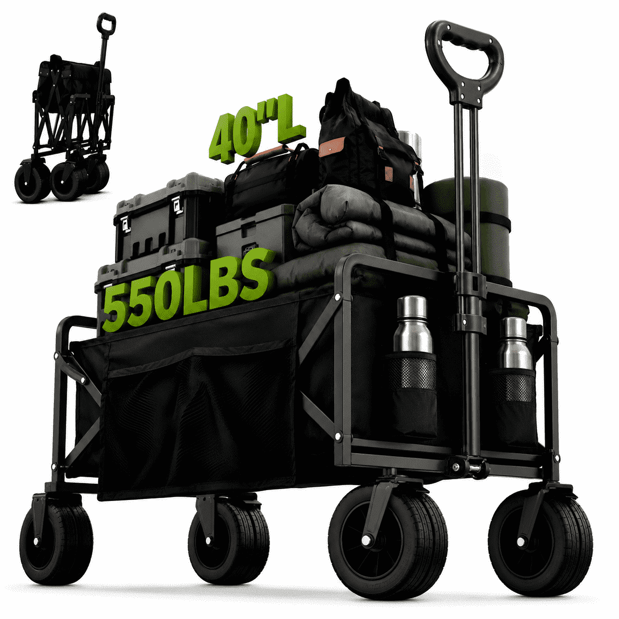 ANSFIL Collapsible Wagon with Wheels, Wagons Carts Foldable Wagon Cart with Flexible Handle, Folding Utility Heavy Duty Wagons Carts for Grocery Shopping Garden