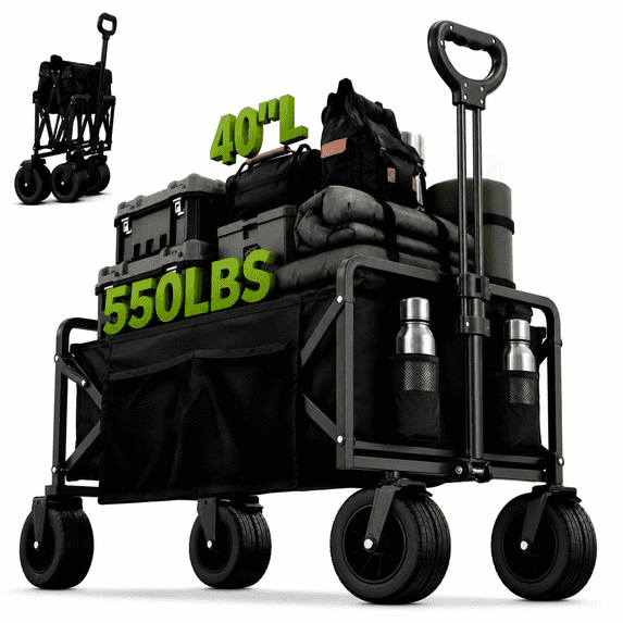 ANSFIL Collapsible Wagon with Wheels, Wagons Carts Foldable Wagon Cart with Flexible Handle, Folding Utility Heavy Duty Wagons Carts for Grocery Shopping Garden