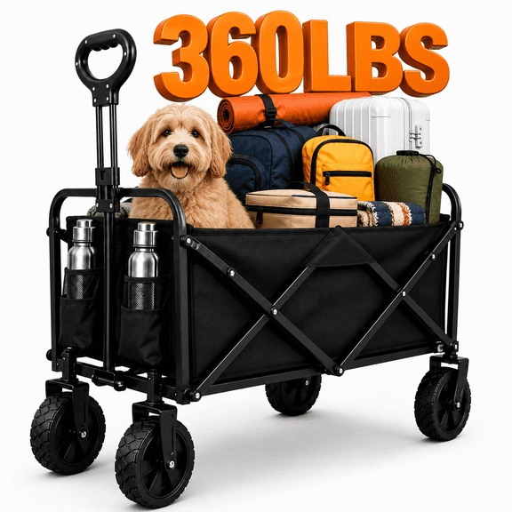ANSFIL Collapsible Wagon with All-Terrain Wheels, Folding Utility Heavy Duty Wagons for Sports, Shopping, Camping, Grocery, Black
