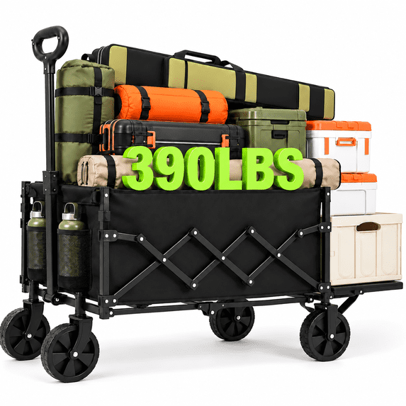 ANSFIL Folding Wagon with Extended Tailgate, 390LBS Heavy Duty Foldable Utility Wagon Cart for Shopping/Beach/Garden/Camping/Sports