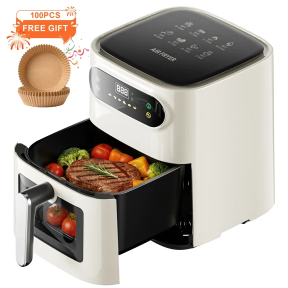 Hicloud 7.5QT Air Fryer, 1600W Multifunction Airfryer with Visible Window, Adjustable Time&Temperature, Nonstick, 85% Less Oil, 100Pcs Liner