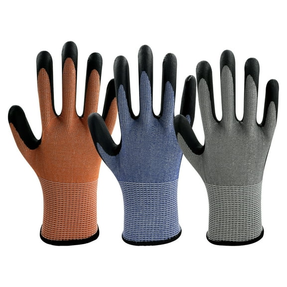 ANSI A5 Cut-Resistant Safety Gloves, Nitrile-Coated Work Gloves 3-Pack (Orange, Gray, Blue) – Anti-Cut Level A5, Breathable HPPE Liner, Non-Slip Grip for Industrial, Construction & DIY