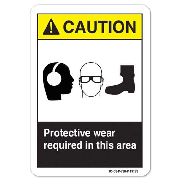 ANSI Caution Sign - Protective Wear Required In This Area (Ear Eye Foot) | Plastic Sign | Protect Your Business osha safety sign | Made in the USA