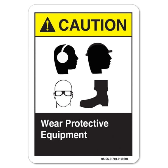 ANSI Caution Sign - Wear Protective Equipment (Ear Head Eye Foot) | Plastic Sign | Protect Your Business osha safety sign | Made in the USA