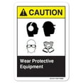thumbnail image 1 of ANSI Caution Sign - Wear Protective Equipment (Hear Head Eye Hands) | Decal | Protect Your Business osha safety sign |  Made in the USA, 1 of 6