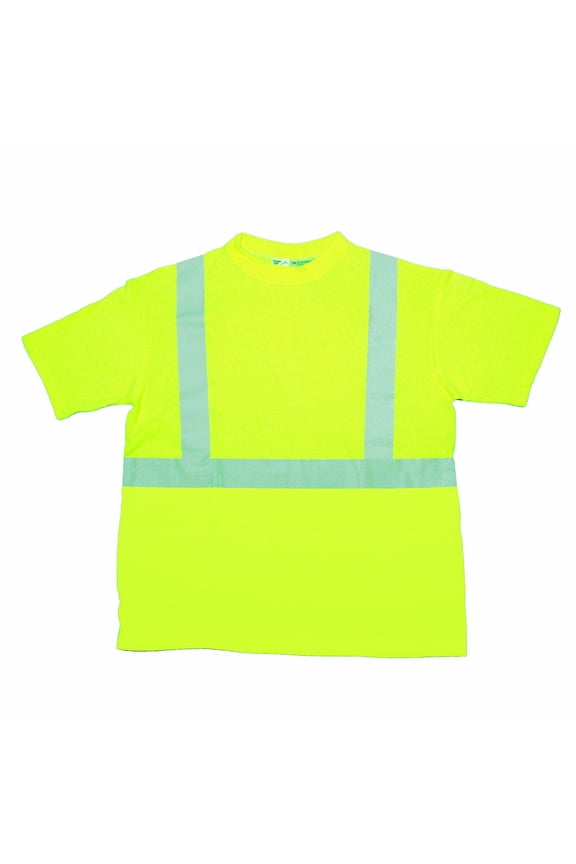 Mutual 96001 High Visibility Modacrylic ANSI Class 2 Durable Flame Retardant Safety Tee Shirt with 2" FR Reflective Stripes, Large, Lime