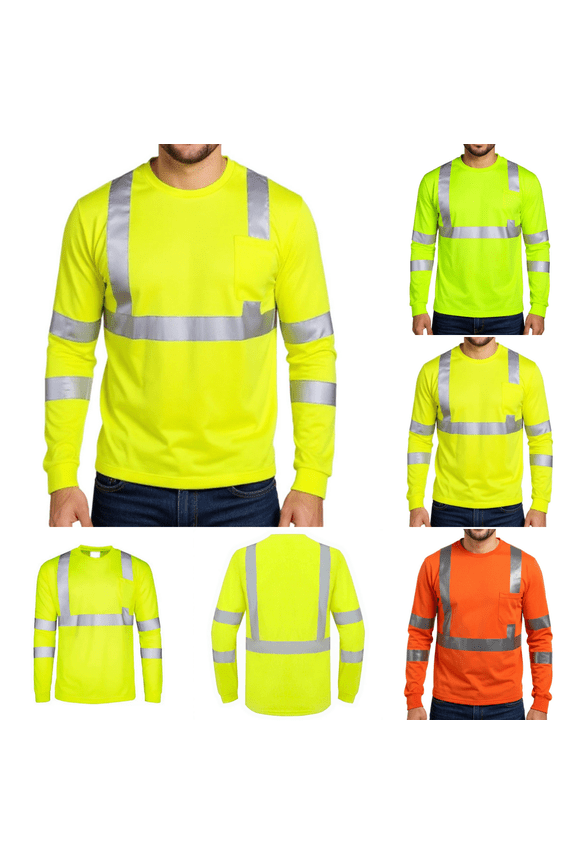 ANSI Class 2 High Visibility Safety T-Shirt, Men’s Long Sleeve Reflective Work Shirt with Chest Pocket for Road Construction and Outdoor Work Fluorescence Yellow L