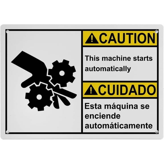 ANSI Horizontal Automatic Start Sign - 8"x12" Weatherproof Plastic UV Resistant (Machine starts automatically - Esta máquina se enciende automáticamente) for Indoor/Outdoor