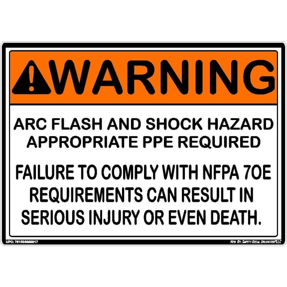 ANSI Warning Arc Flash Shock Hazard Appropriate PPE Required NFPA 70E Orange Black White Label Sticker Decal Made in America 5 x 7