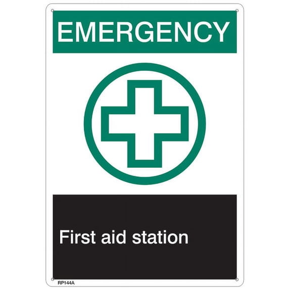 ANSI Z535 Rigid Plastic "Emergency First Aid…", 7" x 10" (72 Units)