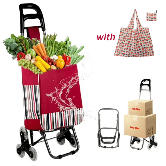COMOPIO Foldable Shopping Cart for Groceries with Wheels, Heavy Duty Wagons Carts Foldable, 2-in-1 Tri-Wheels Climbing Carts with Detachable Removable Bag (Red)