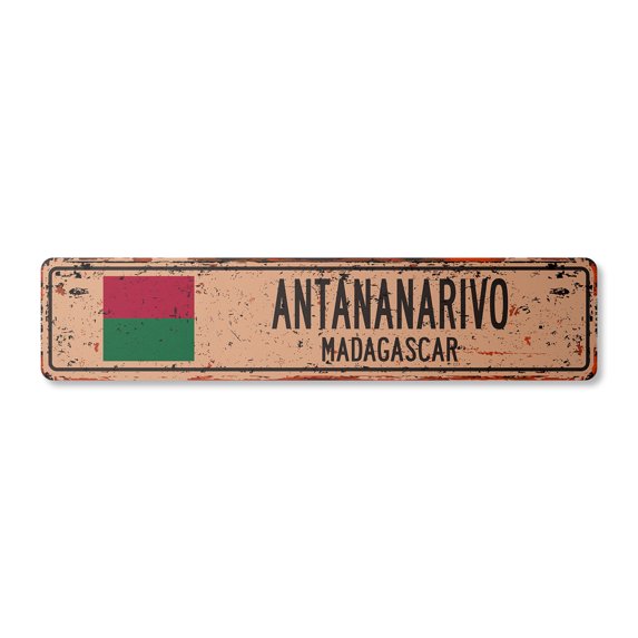 ANTANANARIVO MADAGASCAR Vintage Plastic Street Sign Malagasy flag city country road gift | Indoor/Outdoor | 18" Wide