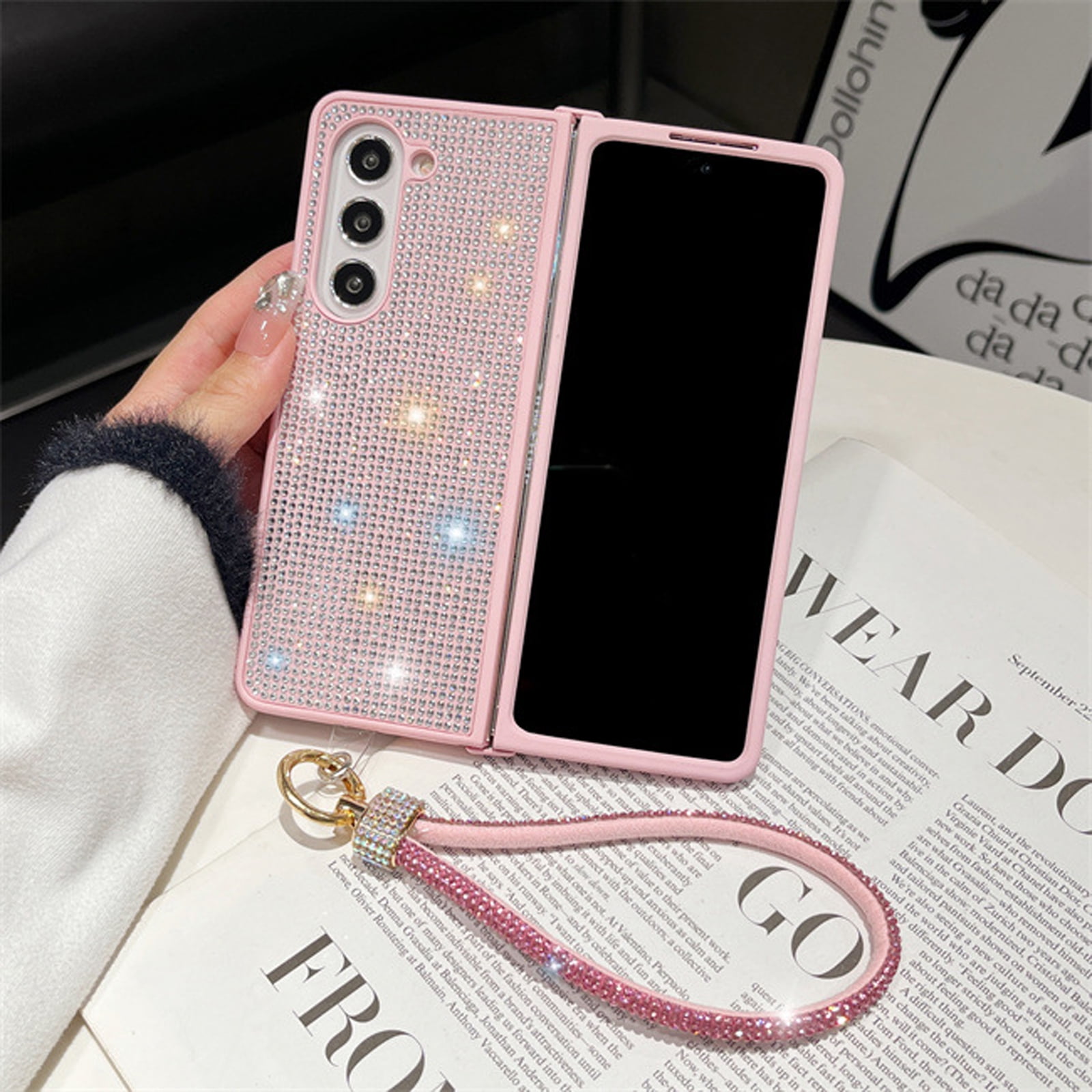 Galaxy Z Fold 4 Rhinestone Phone Case with outlet Lanyardn(Black)