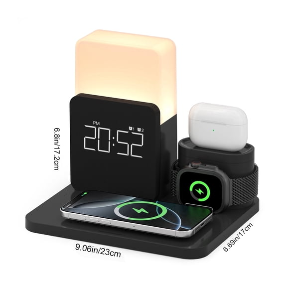 ANTBOOK 15W Wireless Charging Station Compatible for IPhone, Apple Watch, AirPods with Alarm Clock Night Light, Black