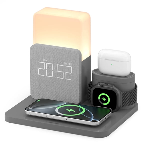 ANTBOOK 15W Wireless Charging Station Compatible for IPhone, Apple Watch, AirPods with Alarm Clock Night Light, Gray