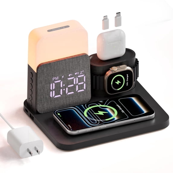 ANTBOOK Magnetic Charging Station Compatible for iPhone, Apple Watch, AirPods with Alarm Clock,Night Light Bedside Black