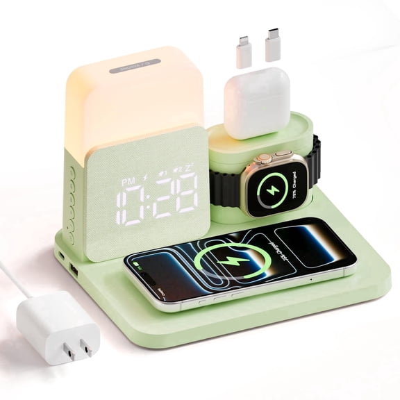 ANTBOOK Magnetic Charging Station Compatible for iPhone, Apple Watch, AirPods with Alarm Clock,Night Light Bedside Green