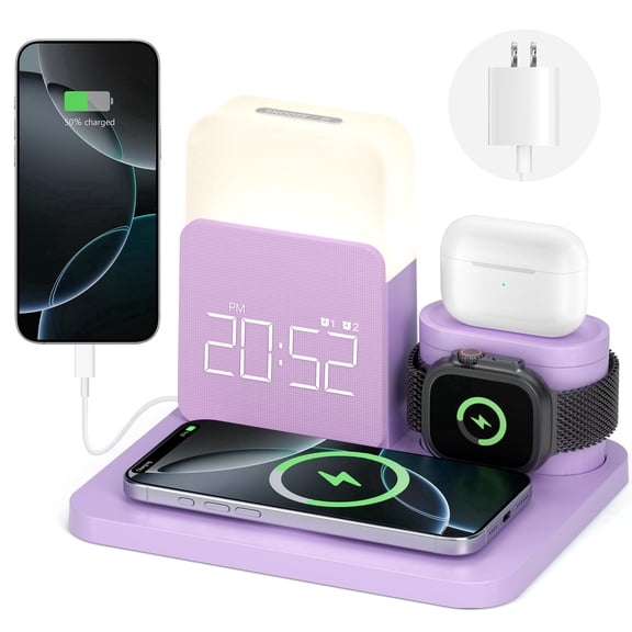 ANTBOOK Magnetic Charging Station Compatible for iPhone, Apple Watch, AirPods with Alarm Clock,Night Light Bedside Purple