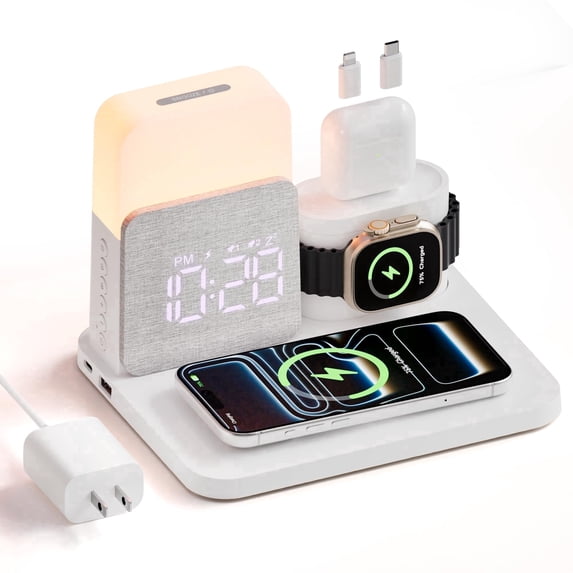 ANTBOOK Magnetic Charging Station Compatible for iPhone, Apple Watch, AirPods with Alarm Clock,Night Light Bedside White