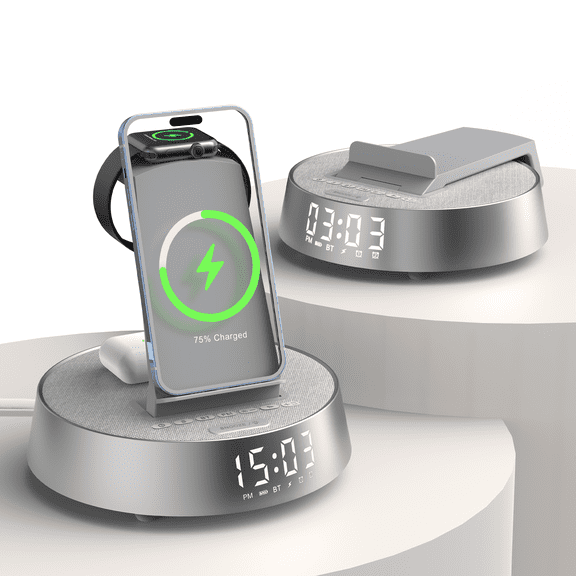 ANTBOOK Wireless Charging Station with Bluetooth Speaker & Alarm Clock, LED Night Light for Bedroom Gray