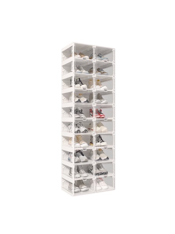 10 Tiers 20 Pairs Portable Shoe Organizer with Clear Magnetic Doors for Entryway, Closet, See Through White Sneaker Box with Lids