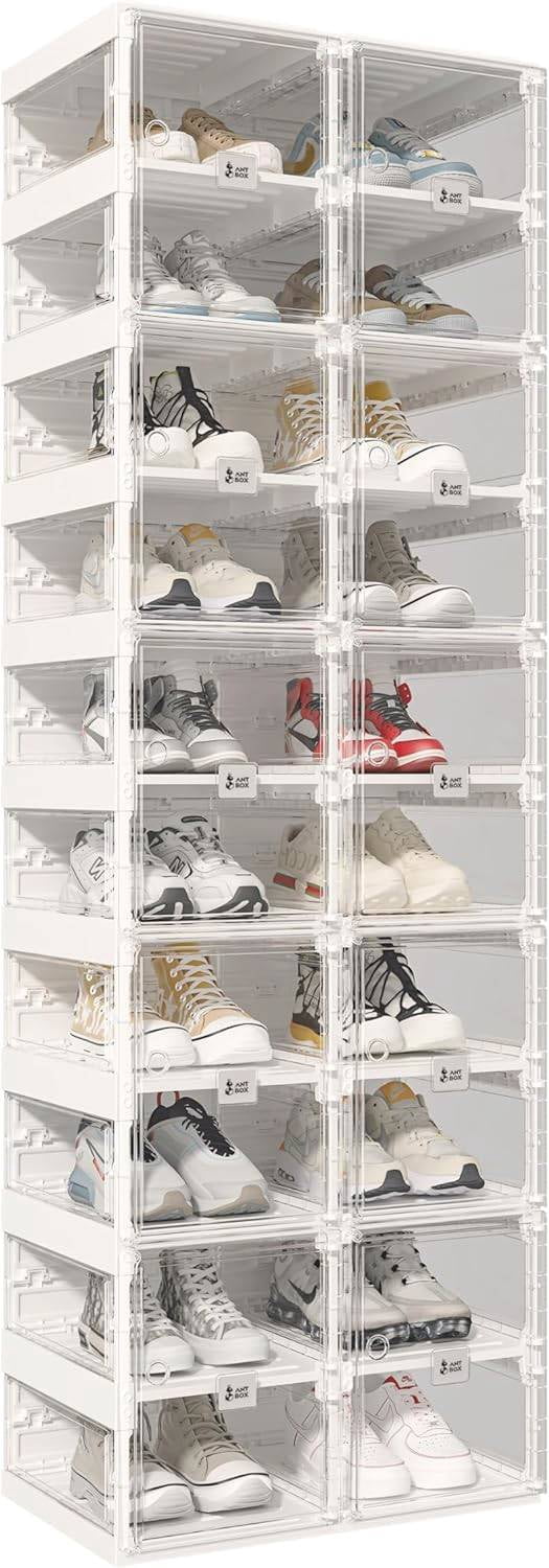 ANTBOX Collapsible Shoe Boxes Clear Stackable, Quick Setup Drop Front ...