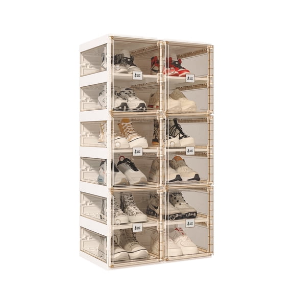 VIPBOX Portable Shoe Organizer with Clear Magnetic Doors for Entryway, Closet, See Through Brown Sneaker Box 6 Layers 12 Grids