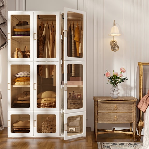 ANTBOX Portable Wardrobe Closet Storage Organizer for Clothes,Suitable for Living Room, Bedroom,Plastic Wardrobe with Magnetic Transparent Door and Easy Assembly  2 Hanging Rod & 3 Hanging Rod