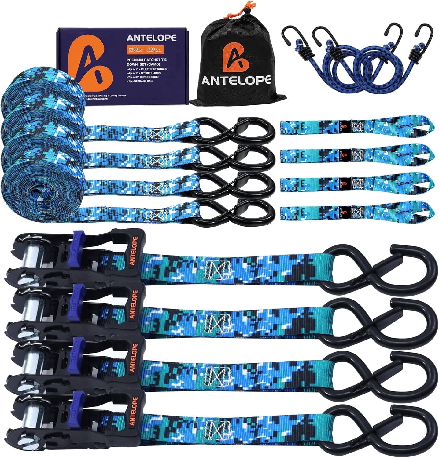 A ANTELOPE 4-Pack 15' Ratchet Tie-Down Straps, 2100LBS Break Strength, Rubber Handles & Coated Safety Lock S-Hooks, Includes 2 Bungee Cords for Truck, Motorcycle Cargo Securing, Camo