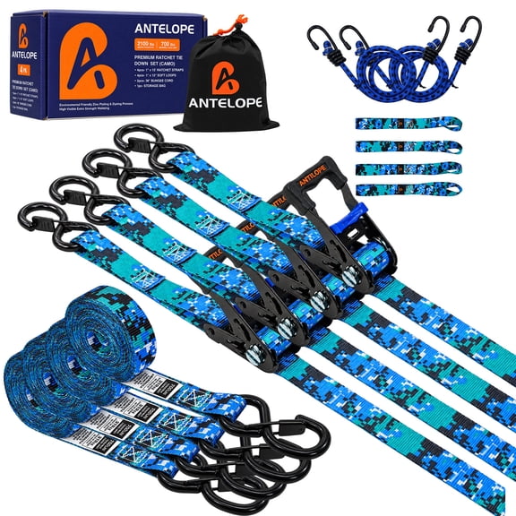 Ratchet Tie-Down Straps ANTELOPE, Ratchet straps 1" x 15', 2100LBS Break Strength, Safety Lock S-Hooks, Camo 4-Pack