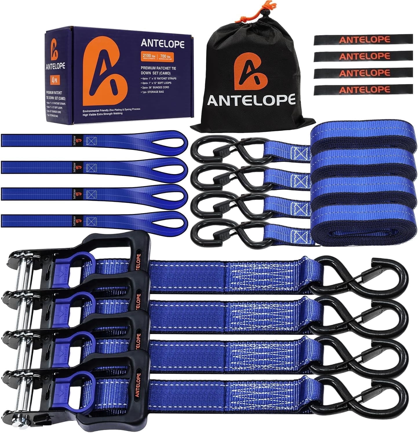 A ANTELOPE 4-Pack 15' Ratchet Tie-Down Straps, 2100LBS Break Strength, Rubber Handles & Coated Safety Lock S-Hooks, Includes 2 Bungee Cords for Truck, Motorcycle Cargo Securing, Blue
